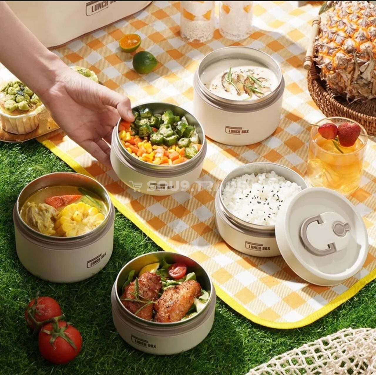 Lunch box en acier inoxydable avec 4 récipients isothermes pour repa Ensemble de 4 Boîtes Repas Isothermes en Acier Inoxydable 304 avec Sac Isotherme – Lunch Box Multifonction – Image 1