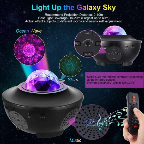 La Lampe Galaxy Bluetooth est un projecteur d’étoiles LED avec 21 couleurs haut-parleur intégré