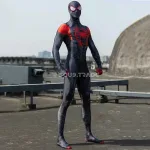 Costume Cosplay Miles Morales Spider-Man Noir & Rouge – Combinaison Zentai 3D avec Masque Intégré pour Halloween, Comic Con et Carnaval