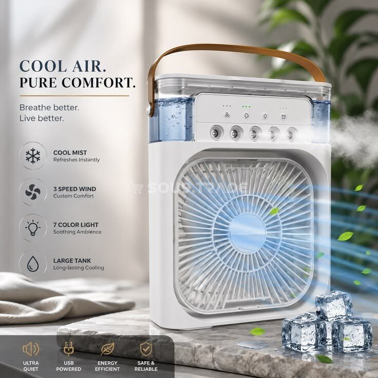 Mini Climatiseur Portable USB avec Brumisateur (2) Mini Climatiseur Portable USB avec Brumisateur – Ventilateur de Refroidissement, Humidificateur d'Air et Lumière LED 7 Couleurs – Image 1